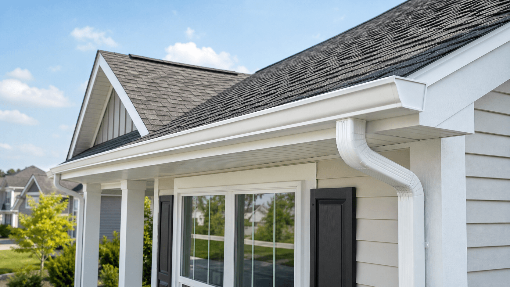 Modern white rain gutters along a clean home roofline.