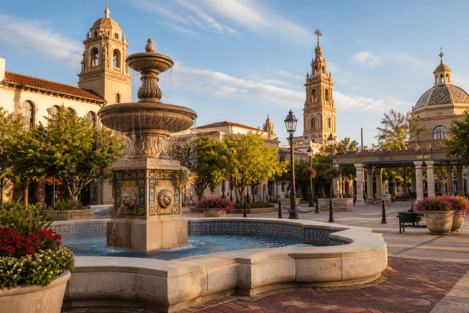 A warm editorial image of a Kansas City Plaza style fountain with Spanish-inspired architecture.
